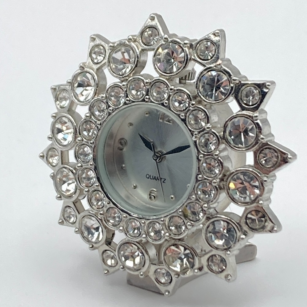 Modern Desk Clock Silver Tone Crystals Bling Rhinestone New Battery Works!!